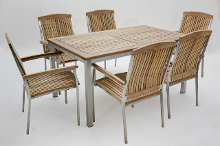 Edelstahl Teak Sitzgruppe Tisch 150x90 cm + 6 Sessel Cornwall 